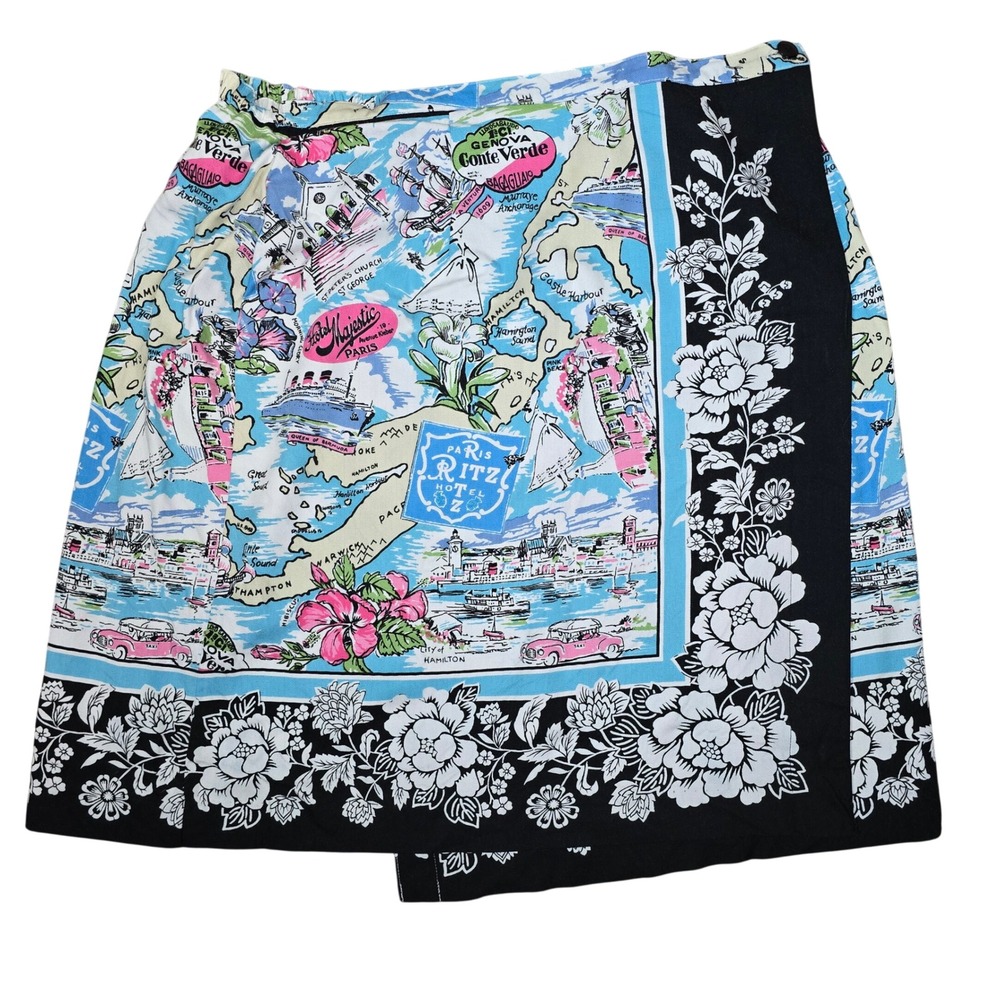 Vintage Van Heusen Novelty Resort Travel Map‎ Wrap Skirt Size Large Rayon